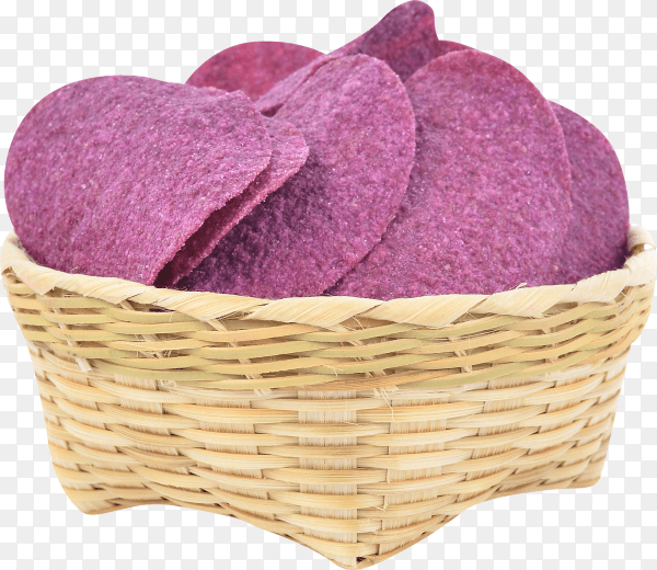 Sweet potato chips in bamboo basket isolated on transparent background PNG