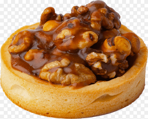 Tart with nuts and caramel isolated on transparent background PNG