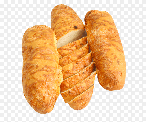 The ruddy long loaf of bread is strewed by cheese isolated on transparent background PNG