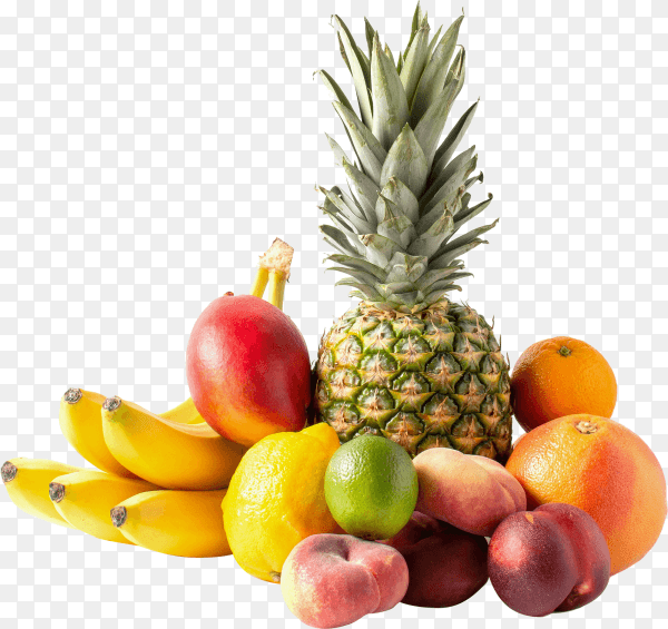 Tropical fruits assortment isolated .pineapple, bananas, mango, ime, lemon, peaches on transparent background PNG