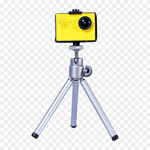 Yellow Action camera on mini tripod on transparent background PNG