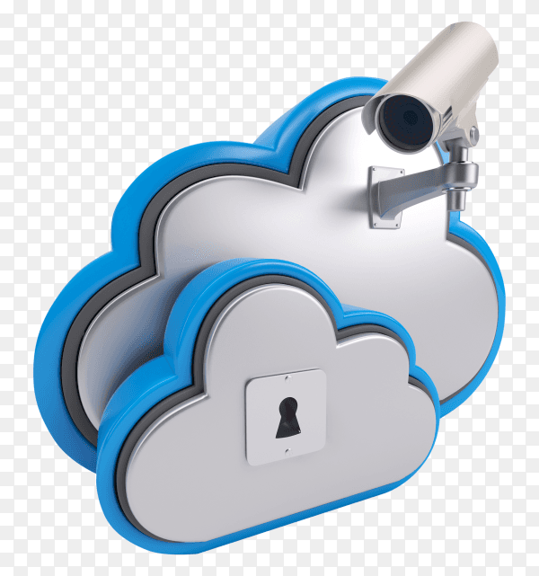 3d render of cloud drive icon with security camera on transparent background PNG