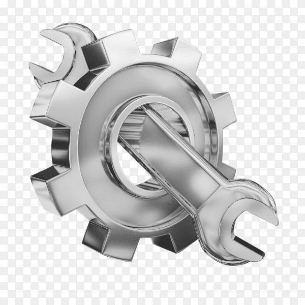 A metal gear and a wrench on transparent background PNG