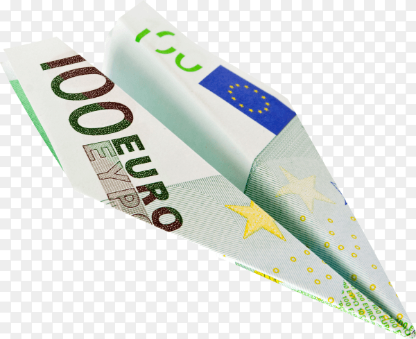 A plane made of euro money flies down isolated on transparent background PNG