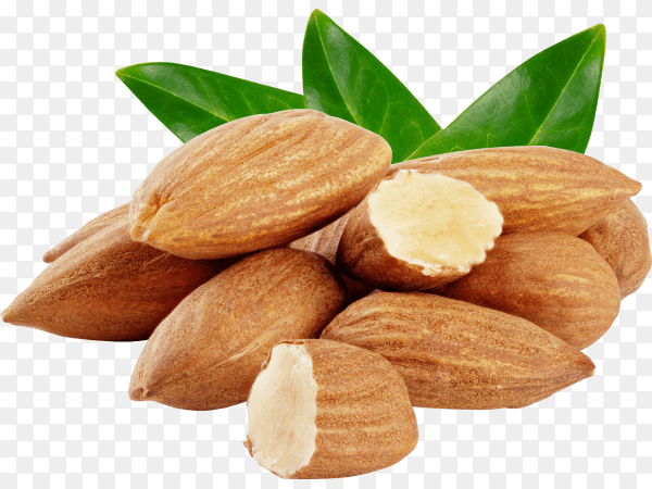 Almond nuts with three green leaves on transparent background PNG