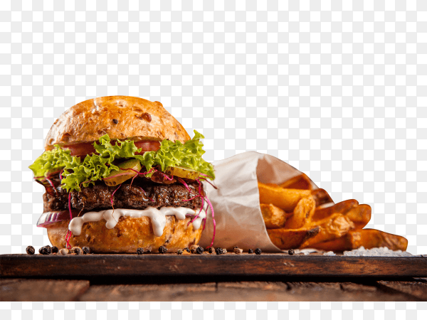 Big hamburger with beef and french fries on transparent background PNG