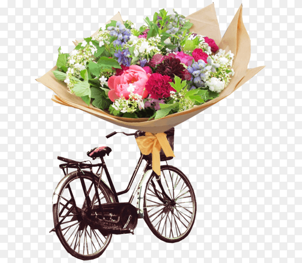 Black bicycle with bouquet of flowers in a basket on transparent background PNG