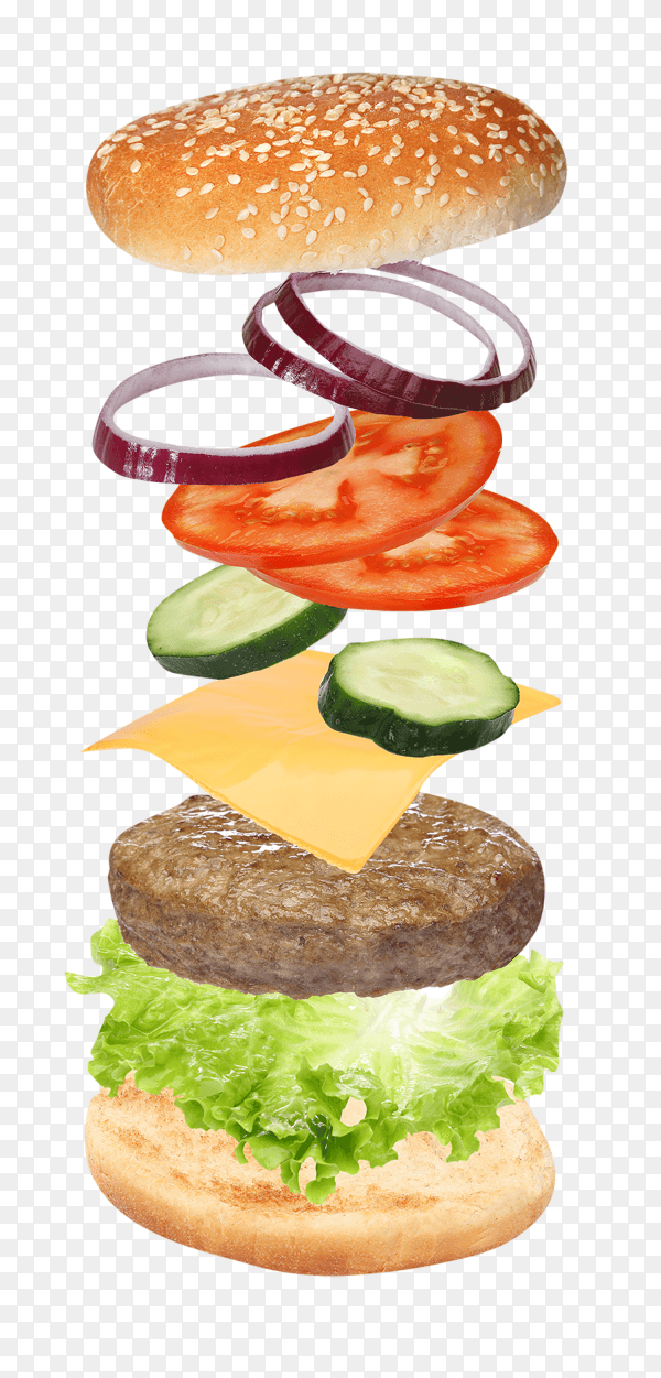 Burger with flying elements delicious burger with flying ingredients flying burger slices on transparent background PNG