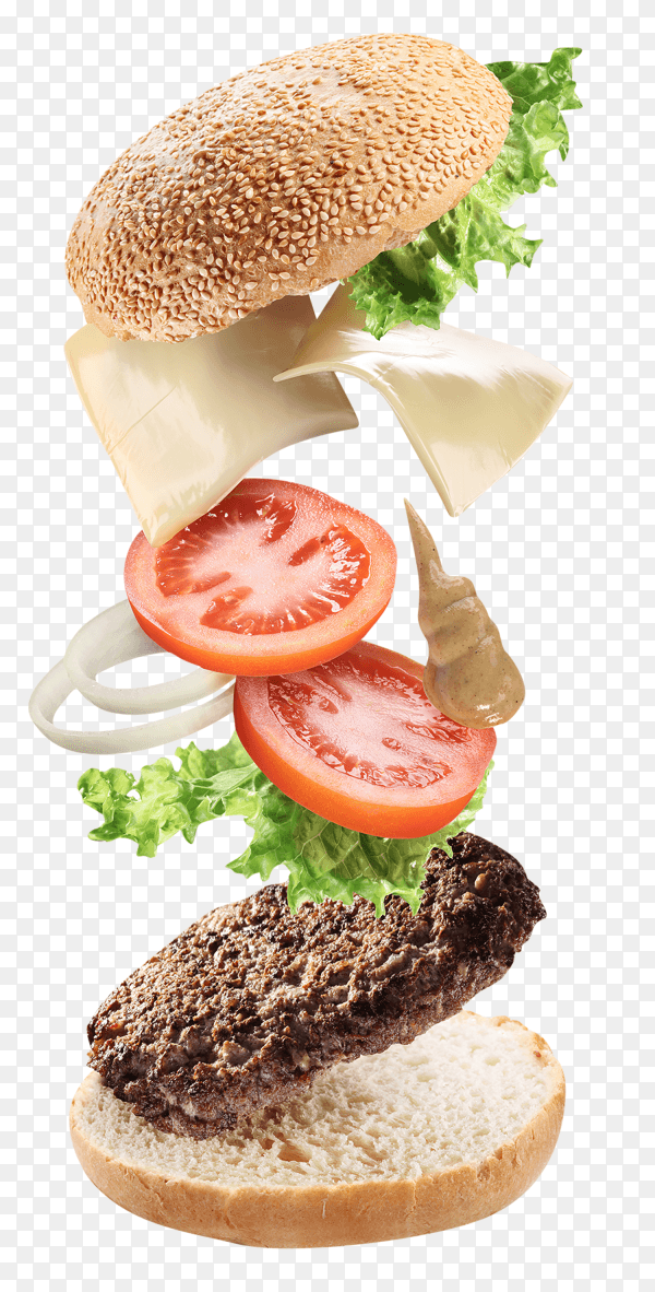 Burger with flying elements on transparent background PNG