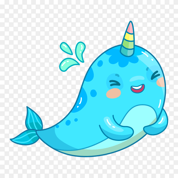 Cartoon dolphin unicorn on transparent background PNG