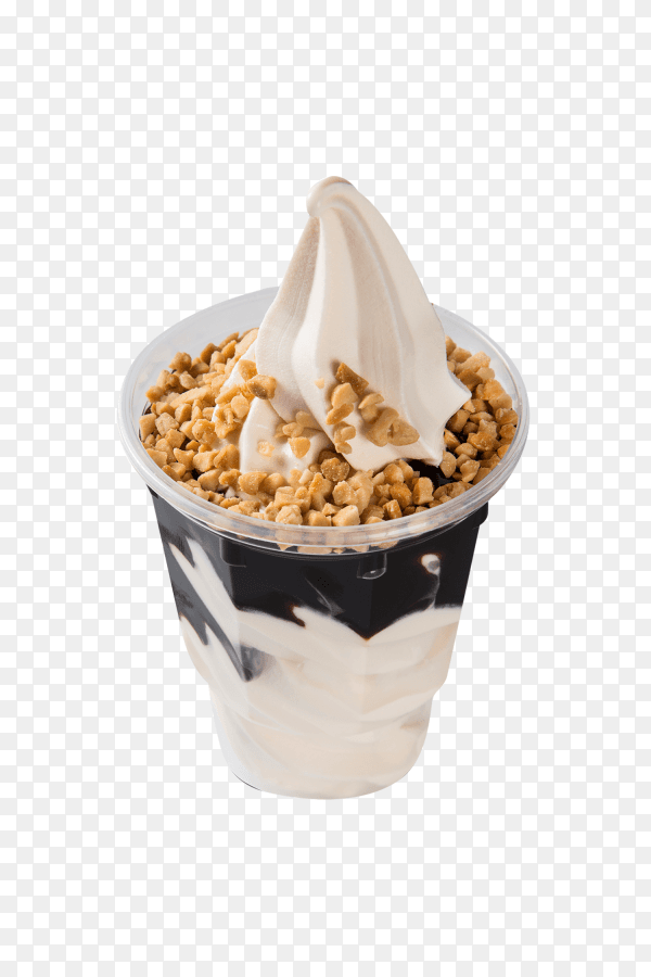 Chocolate sundae ice cream with chocolate syrup in cup on transparent background PNG