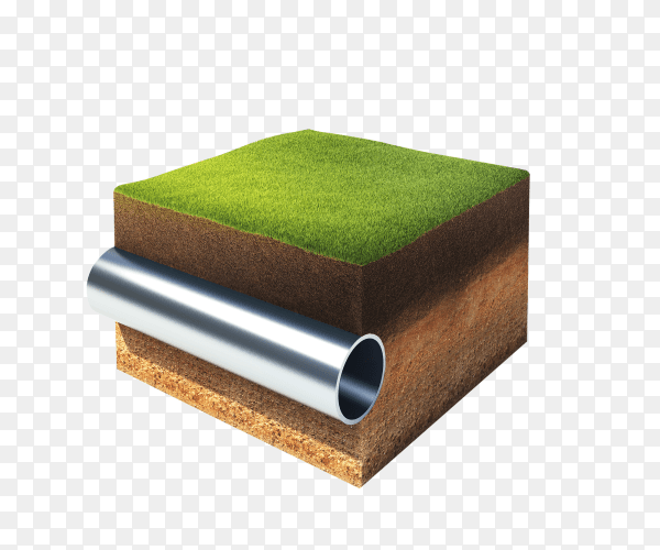 Cross section of ground with grass and steel pipe isolated on transparent background PNG