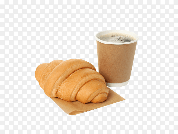 Cup of coffee and baking paper with croissant isolated on transparent background PNG