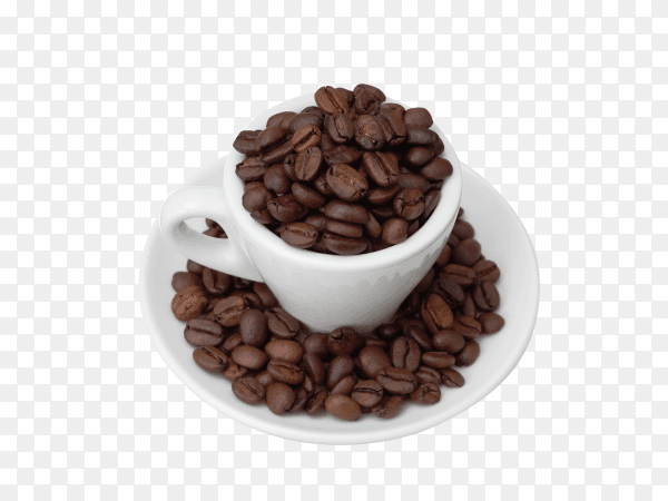Cup with fresh aromatic roasted coffee beans isolated on transparent background PNG