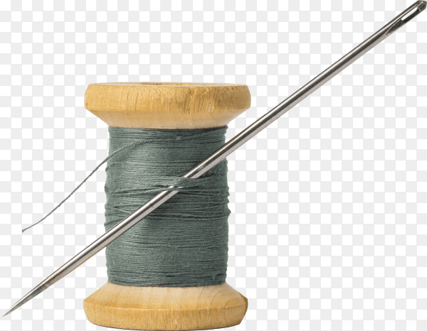 Dark thread spool and big needle isolated on transparent background PNG
