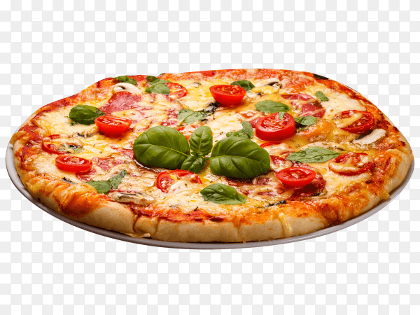 Delicious homemade Margherita Italian pizza on a thick pastry crust garnished with fresh basil on transparent background PNG