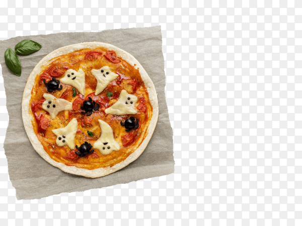 Delicious pizza with Halloween ghosts on transparent background PNG