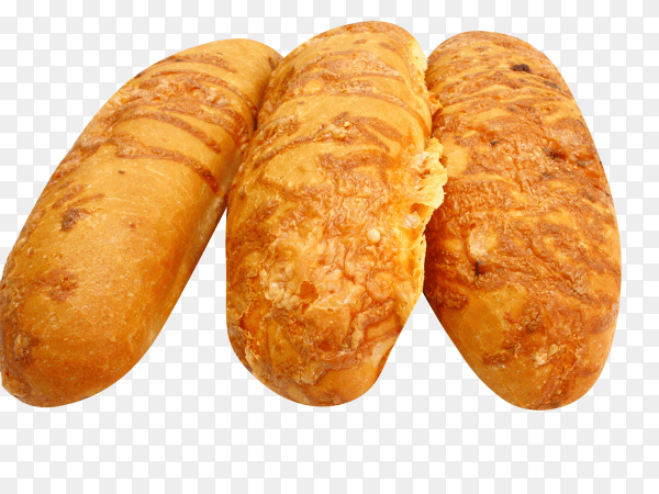 Delicious ruddy long loaf of bread is strewed by cheese isolated on transparent background PNG