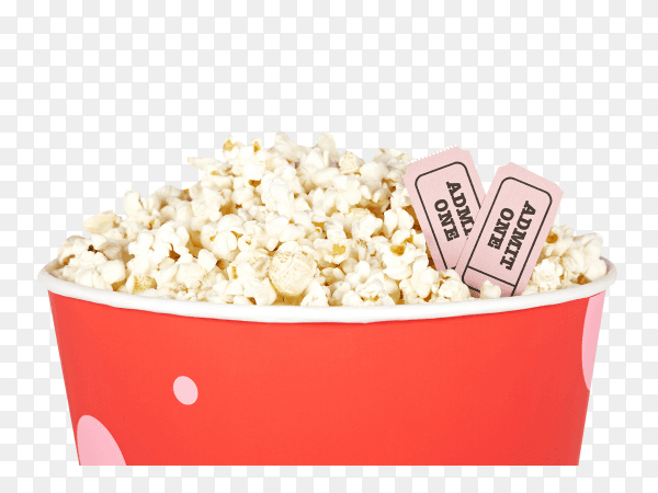 Detail of popcorn in a bucket and two tickets on transparent background PNG