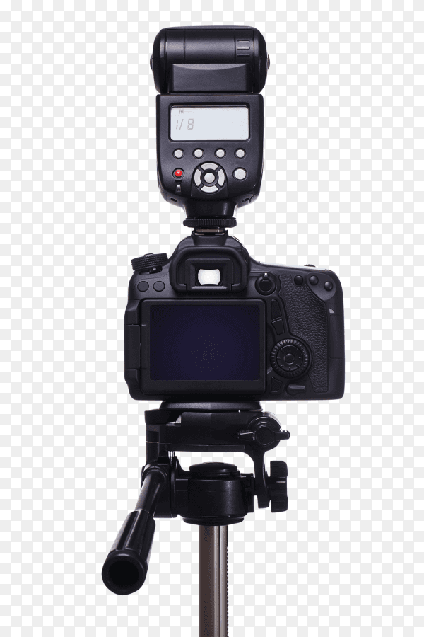 Dslr camera on tripod with external flash isolated on transparent background PNG