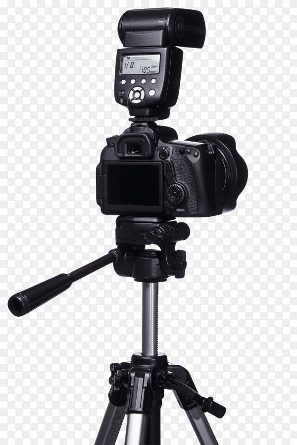 Dslr camera on tripod with external flash on transparent background PNF