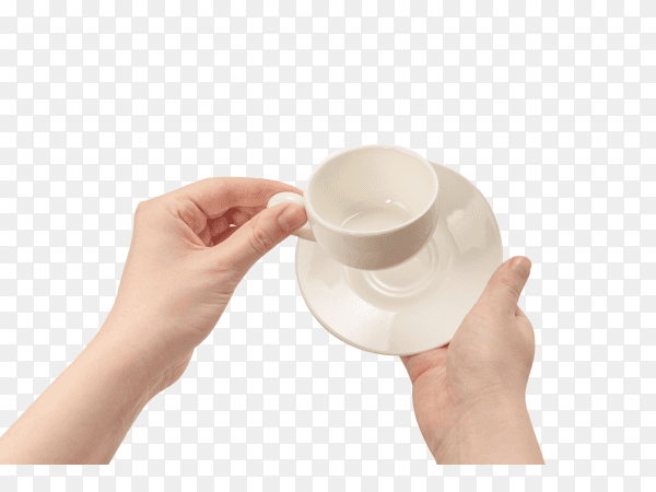 Empty coffee cup in woman hand isolated on transparent background PNG
