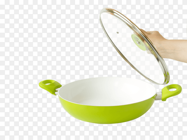 Female hand holding the lid off the pan on transparent background PNG