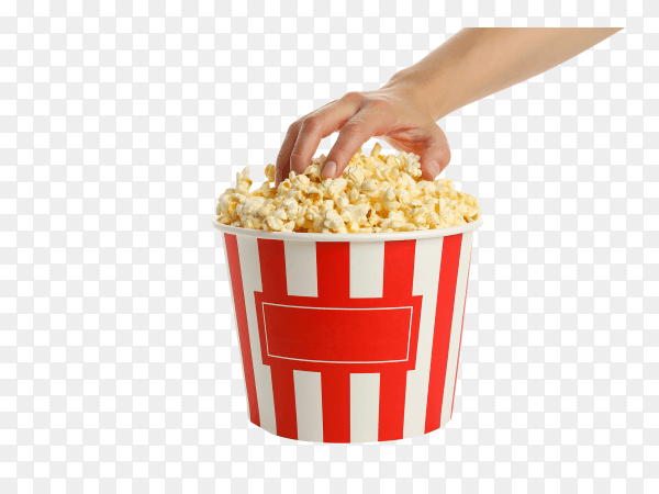 Female hand takes popcorn from bucket on transparent background PNG