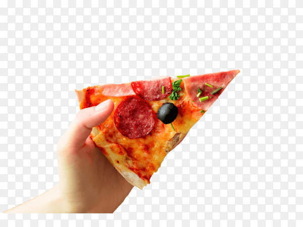 Female hand taking slice of fresh pizza on transparent background PNG