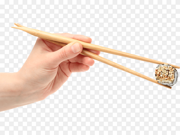 Female hand with chopsticks holds sushi roll isolated on transparent background PNG