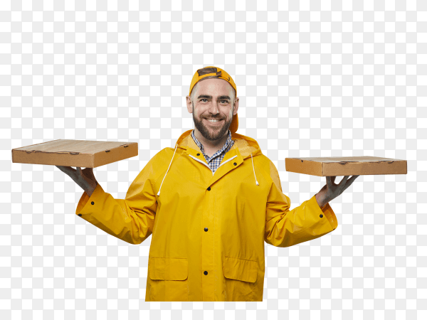 Food delivery man with pizza boxes on transparent background PNG