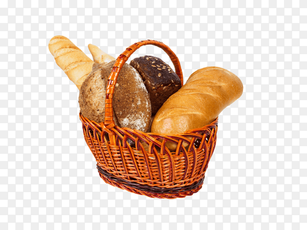 Fresh bread with wheat in wicker basket isolated on transparent background PNG