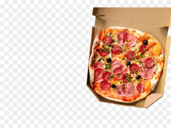 Fresh pizza in delivery box on transparent background PNG