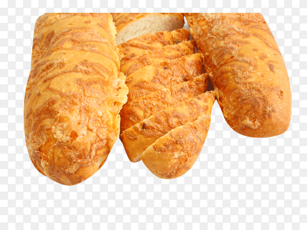Fresh ruddy long loaf of bread is strewed by cheese isolated on transparent background PNG
