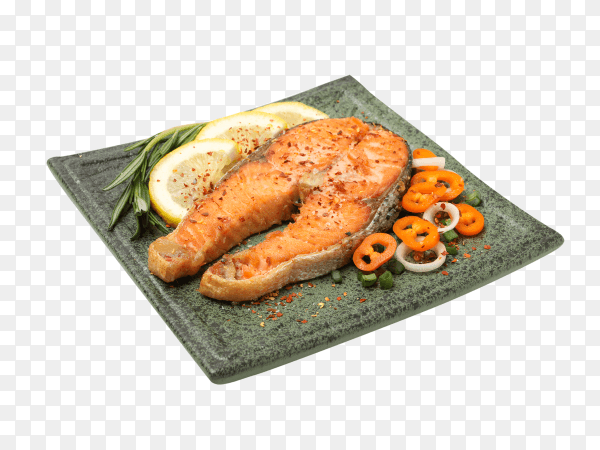 Grilled salmon with salad on transparent background PNG