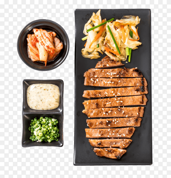 Grilled sliced pork steak with vegetable on transparent background PNG