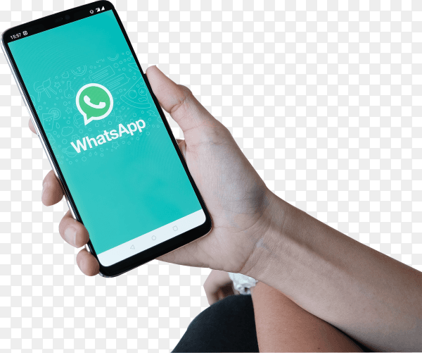 Hand holding smartphone with WhatsApp app in screen on transparent background PNG
