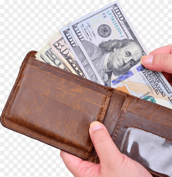 Hand pulled the dollar from leather wallet isolated on transparent background PNG
