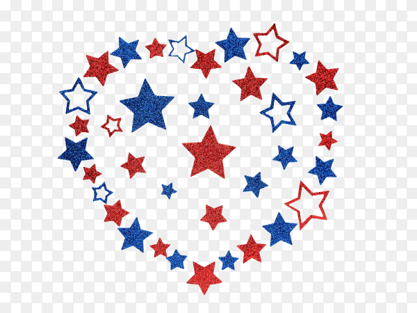 Heart lined from glittering stars in the colors of the American flag on transparent background PNG