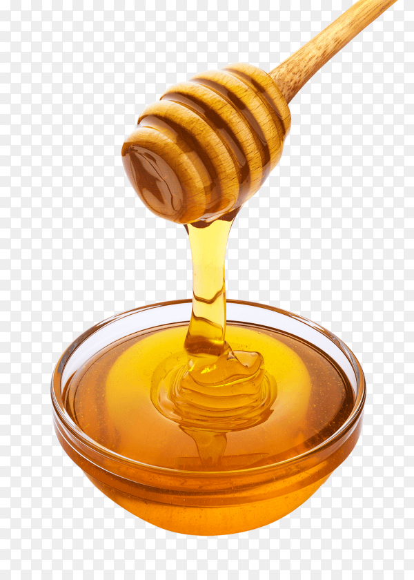 Honey stick and bowl of pouring honey isolated ontransparent background PNG