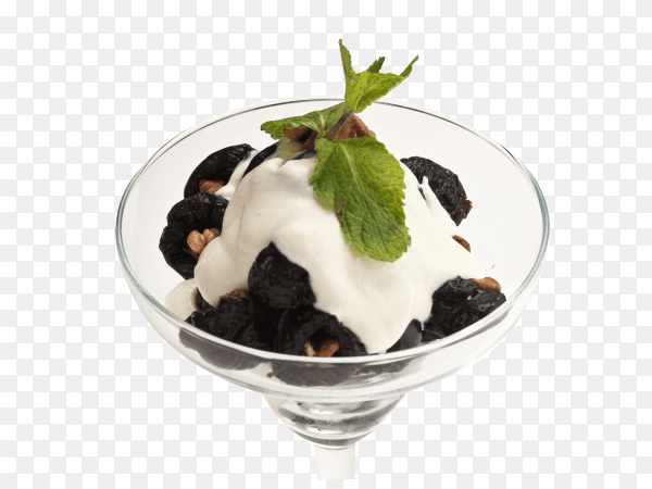 Ice cream with prunes and walnuts isolated on transparent background PNG