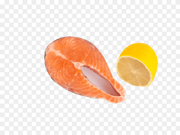 Isolated salmon steak and lemon on transparent background PNG
