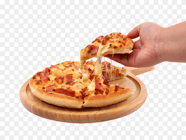 Italian pizza on wooden plate isolated on transparent background PNG