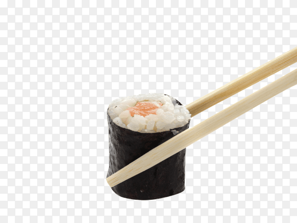 Japanese salmon maki sushi roll with chopsticks isolated on transparent background PNG