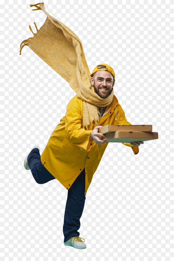 Man in yellow delivering pizza on transparent background PNG