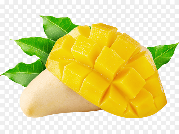 Mango fruit with mango cubes slices isolated on transparent background PNG