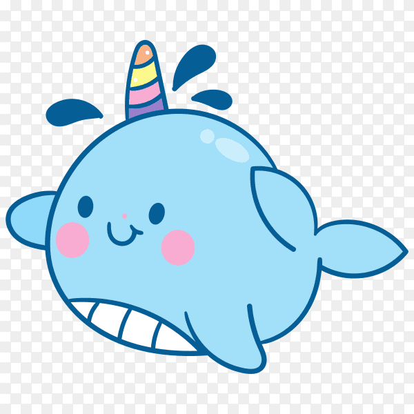 Marine animal kawaii character baby fairytale unicorn on transparent background PNG