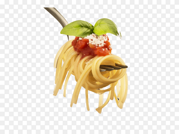 Metal fork with delicious spaghetti and sauce on transparent background PNG