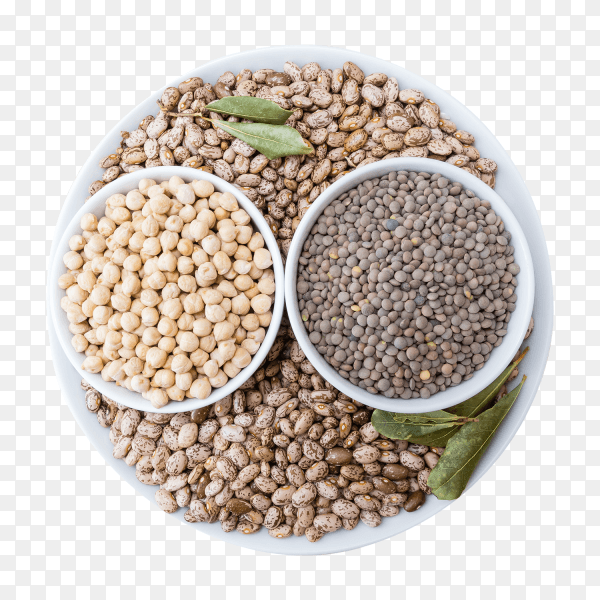 Mix of legumes chickpeas lentils beans in bowls healthy vegan and gluten free food on transparent background PNG