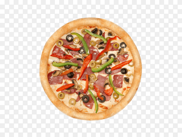 Mixed pizza from top isolated on transparent background PNG